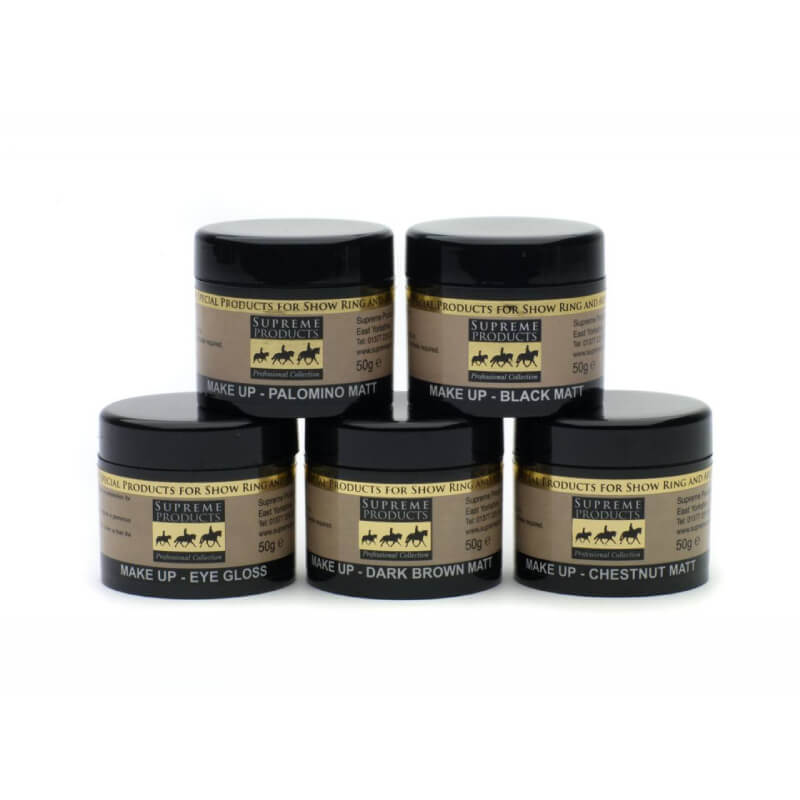 Five jars of Supreme Products Make Up by Supreme Products, in assorted shades, arranged together.