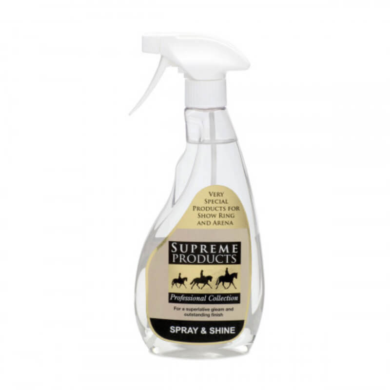 Supreme Products Spray &amp; Shine 500ml coat dressing for grooming in a clear spray bottle.