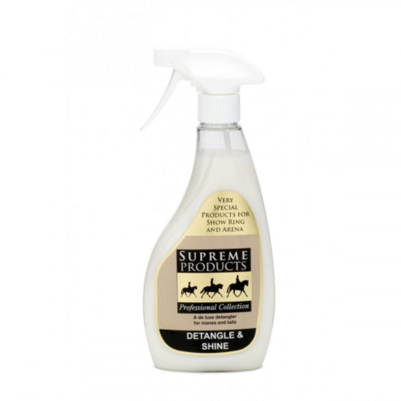 Supreme Products Detangle &amp; Shine 500ml spray for horse manes, with black and gold label.