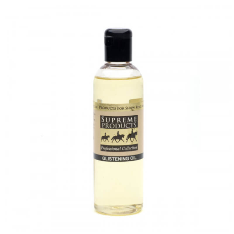 Supreme Products Glistening Oil 250ml in a clear bottle with black cap and label.