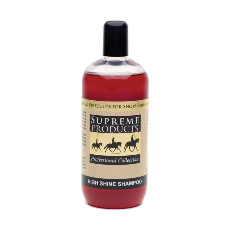 Supreme Products High Shine Shampoo 500ml, ideal for show ring prep, with yellow label and black cap.