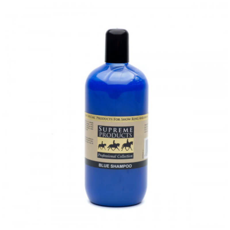 Supreme Products Blue Shampoo 500ml for a white, bright finish, in a blue bottle with black cap.