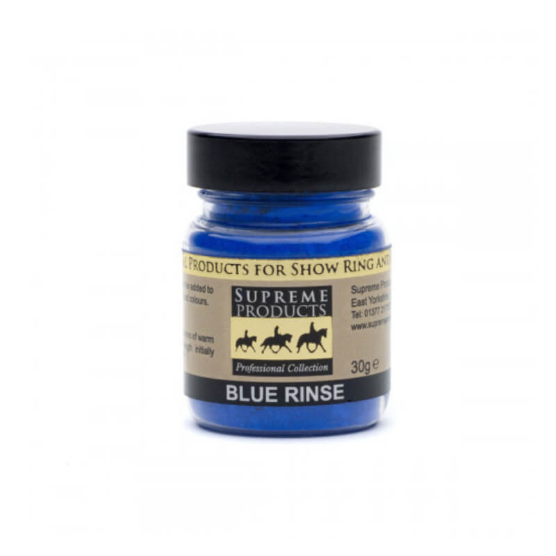 Supreme Products Blue Rinse 30g jar enhances coat color; comes with a black lid.
