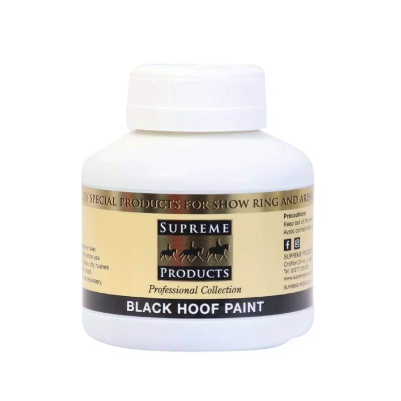 A 250ml black bottle labeled Supreme Products Hoof Paint Black for horses.