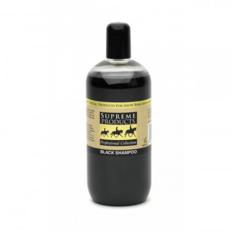 Supreme Products Black Shampoo 500ml for dark coats with beige label and black cap.