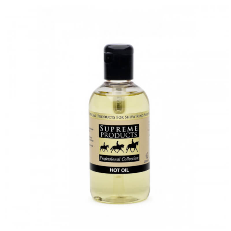A 250ml clear bottle of Supreme Products Hot Oil coat conditioner with a black cap.