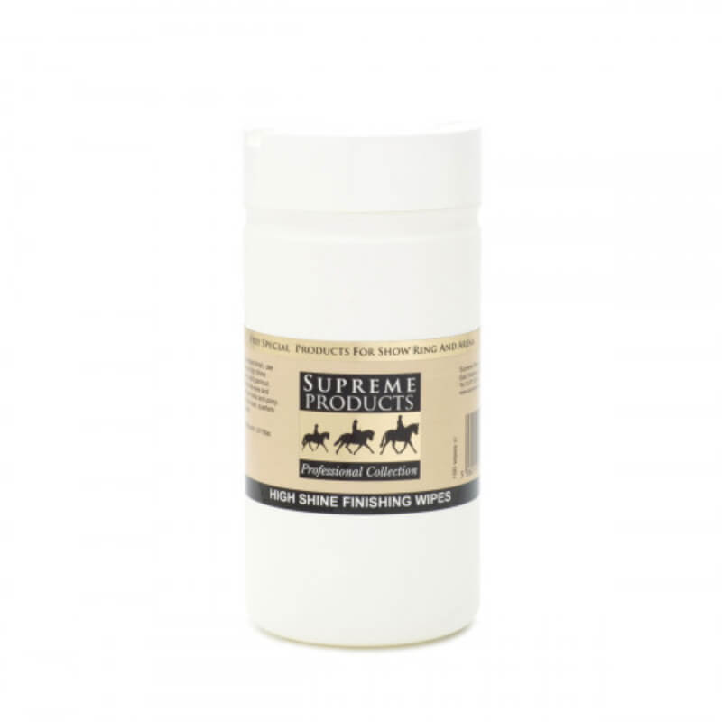 Supreme Products High Shine Finishing Wipes in white container with beige and black label.