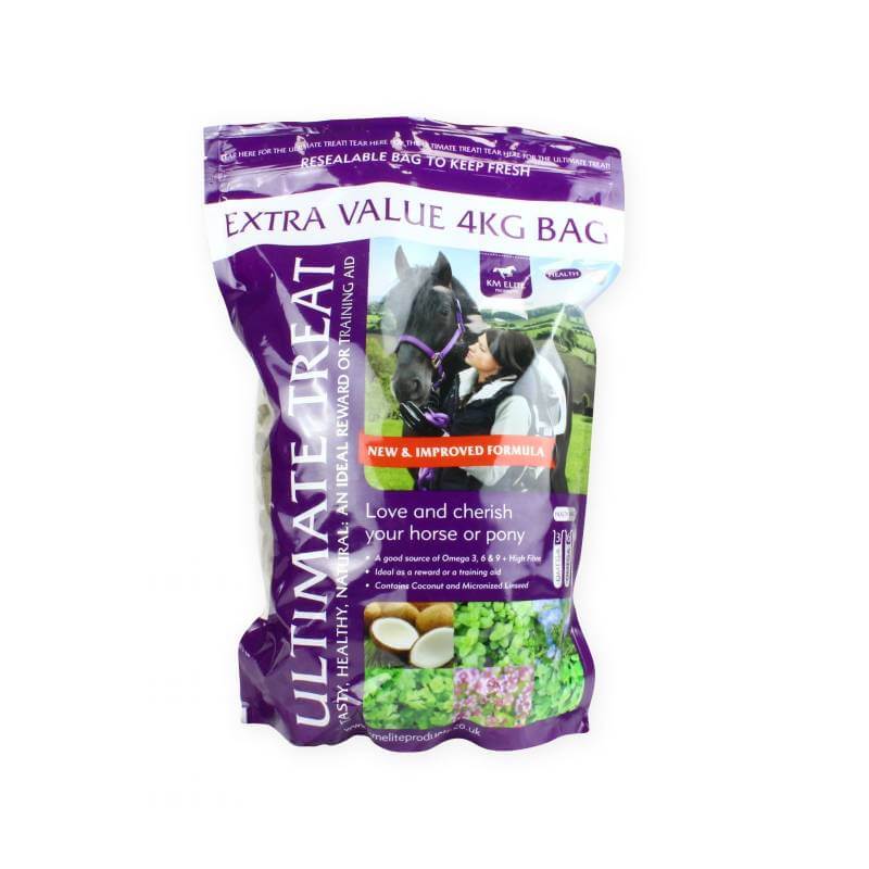 KM Elite Ultimate Treats 4kg in purple bag, featuring horse and woman on the front.