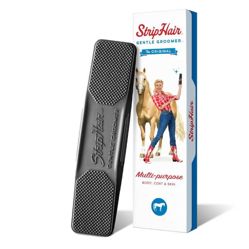 StripHair Gentle Groomer Original by StripHair used by a woman to condition her horse’s coat.