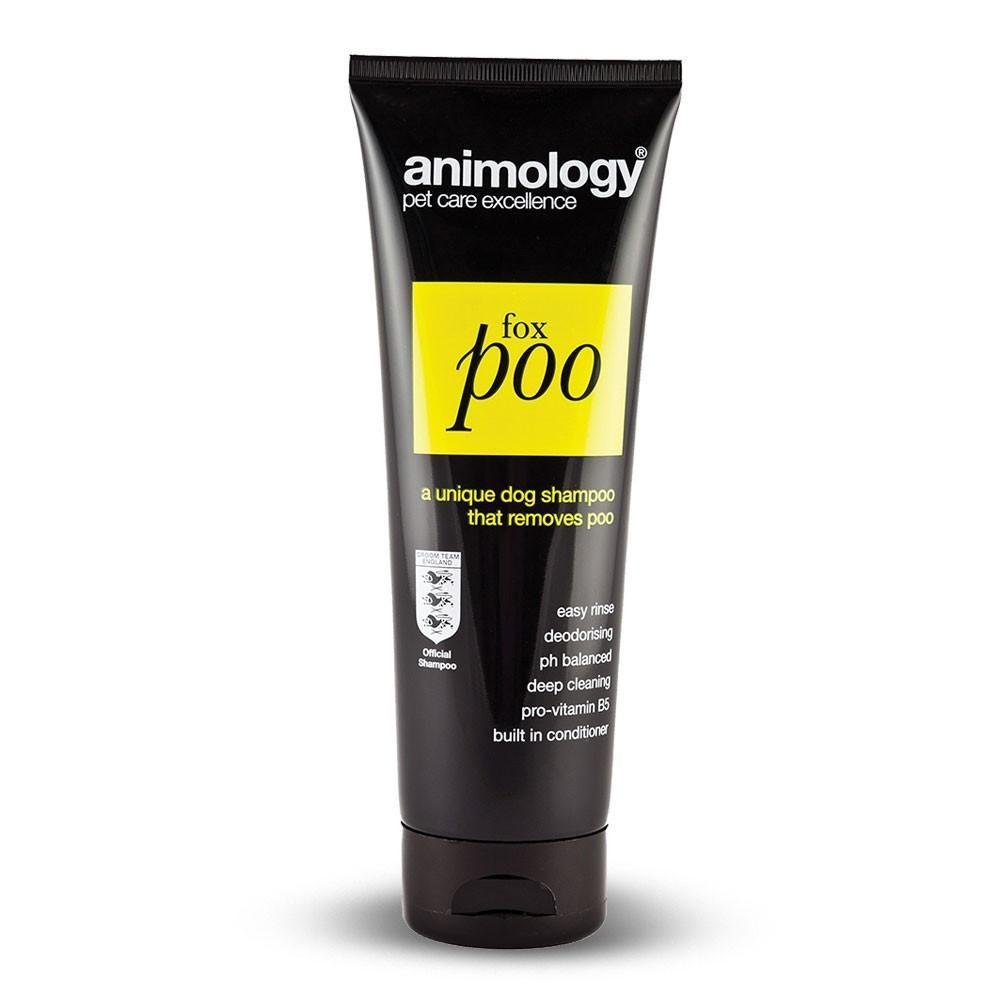 Animology Fox Poo Shampoo 250ml in a black tube with yellow label, standing upright.