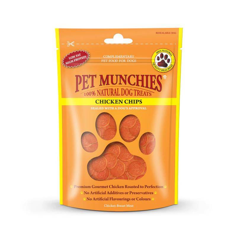 Pet Munchies Chicken Chips 100g natural dog treats in orange and yellow packaging.