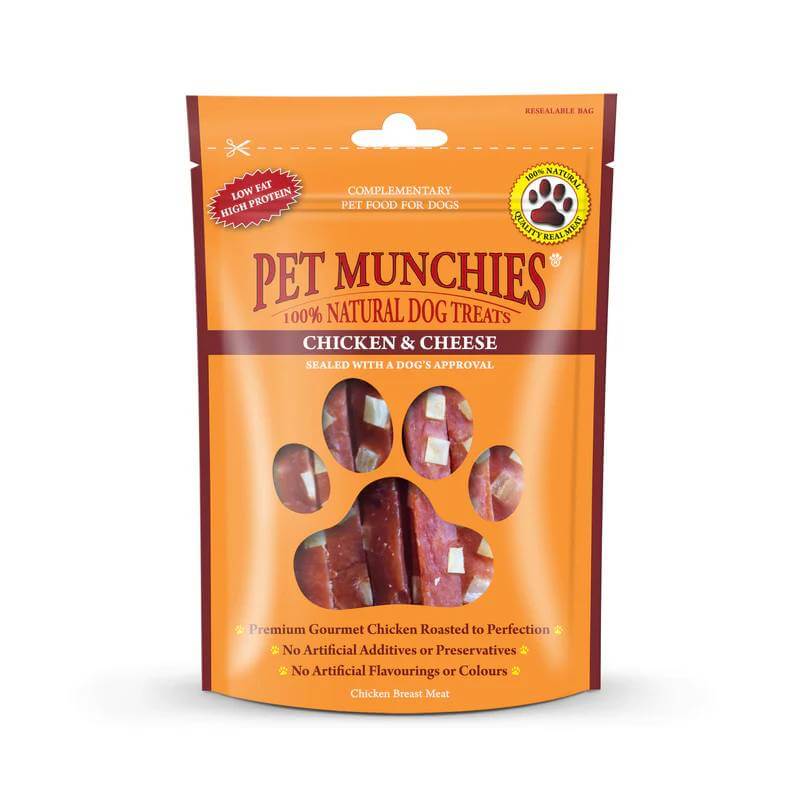 Pet Munchies Chicken &amp; Cheese 100g grain free dog treats in orange and yellow packaging.