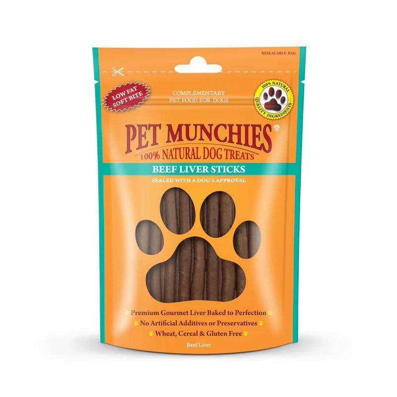 Pet Munchies Beef Liver Sticks 90g, grain free dog treats with a large paw print on front.