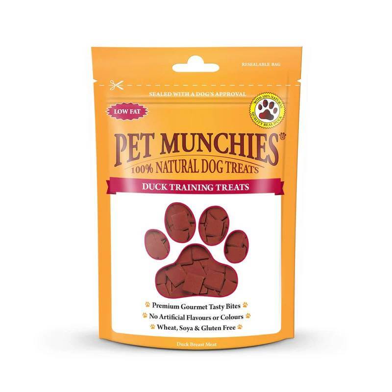 Pet Munchies Duck Training Treats 50g in an orange bag with a paw print window.