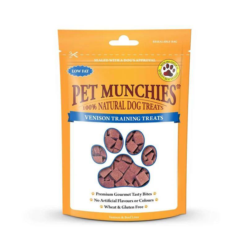 Pet Munchies Venison Training Treats 50g in an orange bag with paw-shaped window.