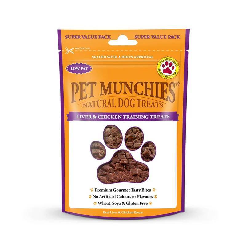 Pet Munchies Liver &amp; Chicken Training Treats 150g, wheat and gluten free, paw print window.