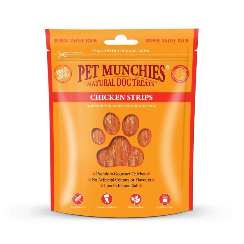 Pet Munchies Chicken Strips 320g, grain free dog treats in orange bag with paw print window.