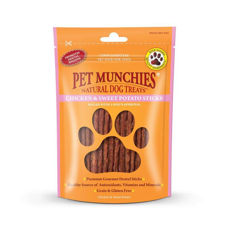 Pet Munchies Chicken &amp; Sweet Potato Dental Sticks 90g in a paw-shaped window pack.