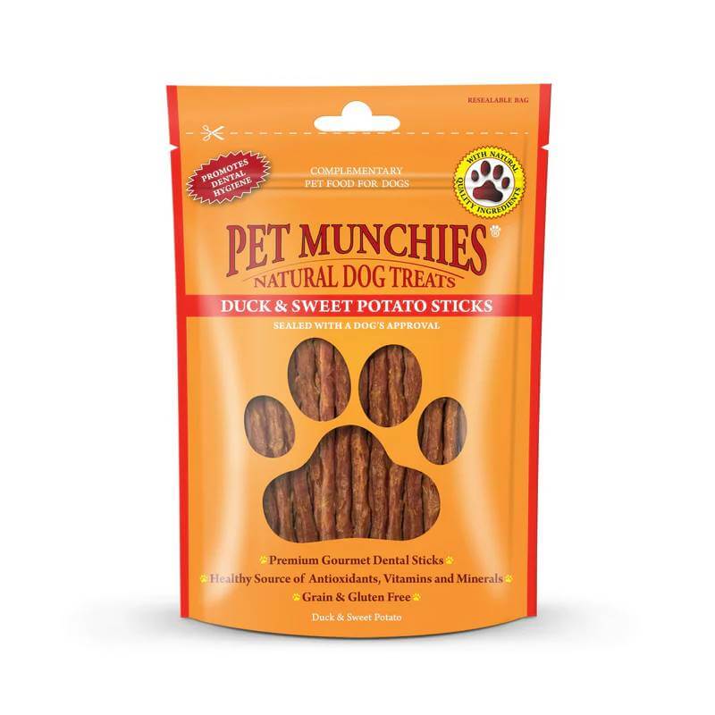 Pet Munchies Duck &amp; Sweet Potato Dental Sticks 90g, grain and gluten free dog treats.