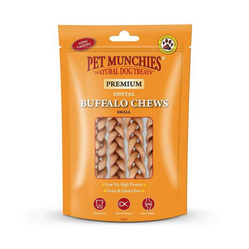 Pet Munchies Small Buffalo Dental Chews 55g for small dogs in orange bag with window.