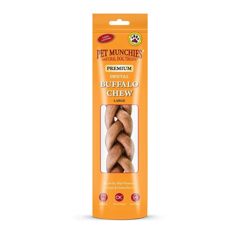 Pet Munchies Large Buffalo Dental Chews 90g, natural and grain free dog treats.