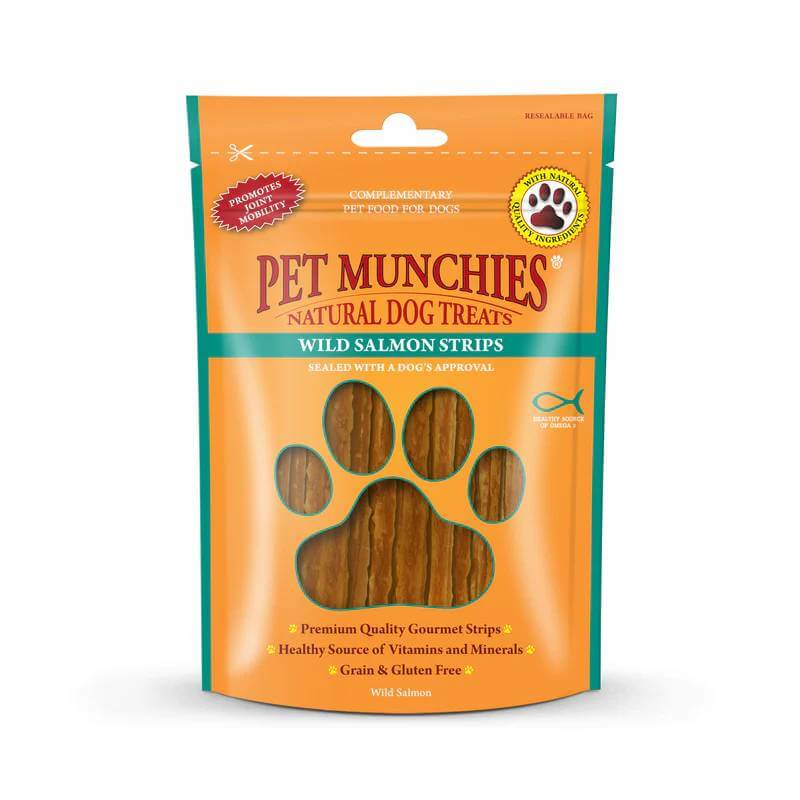Pet Munchies Wild Salmon Strips 80g—natural treats with omega 3 in an orange bag.