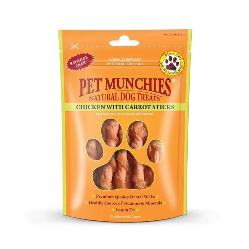 Pet Munchies Chicken with Carrot Sticks 80g—rawhide free natural dog dental treats.