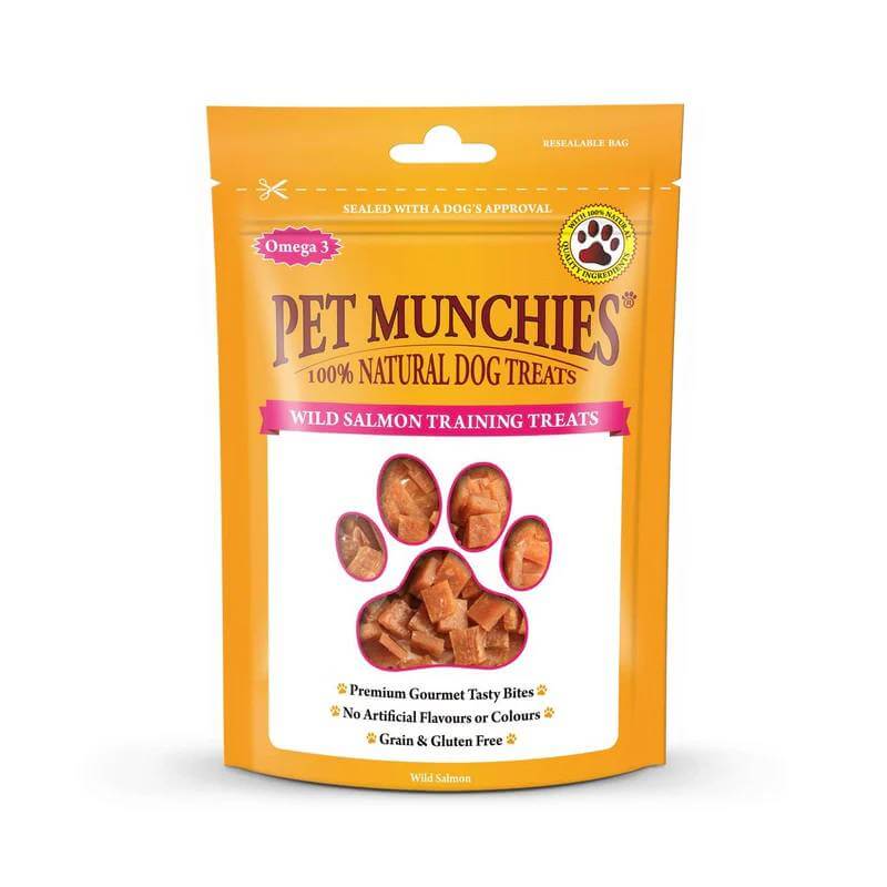 Orange bag of Pet Munchies Wild Salmon Training Treats 50g with paw print-shaped treats.