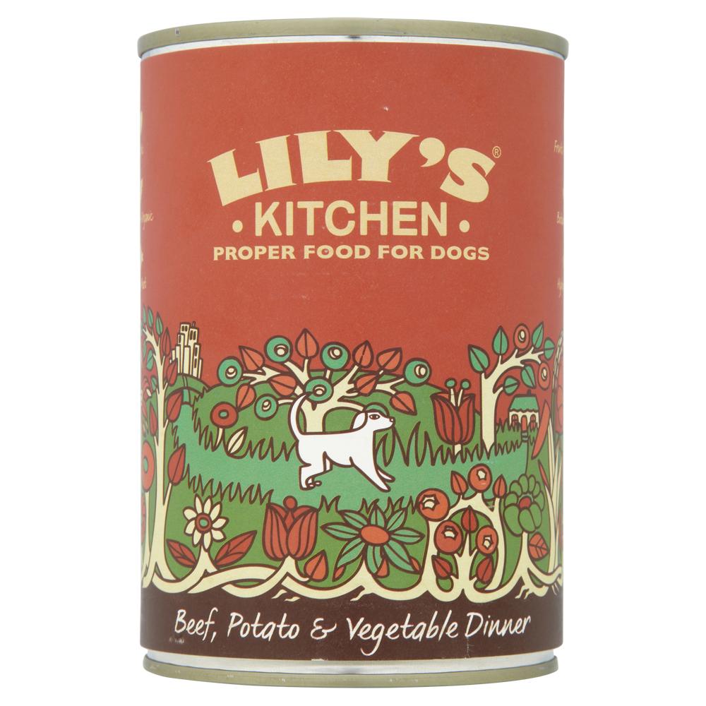 A Lilys Kitchen Tins can with beef, potato &amp; veg, featuring colorful illustrations.