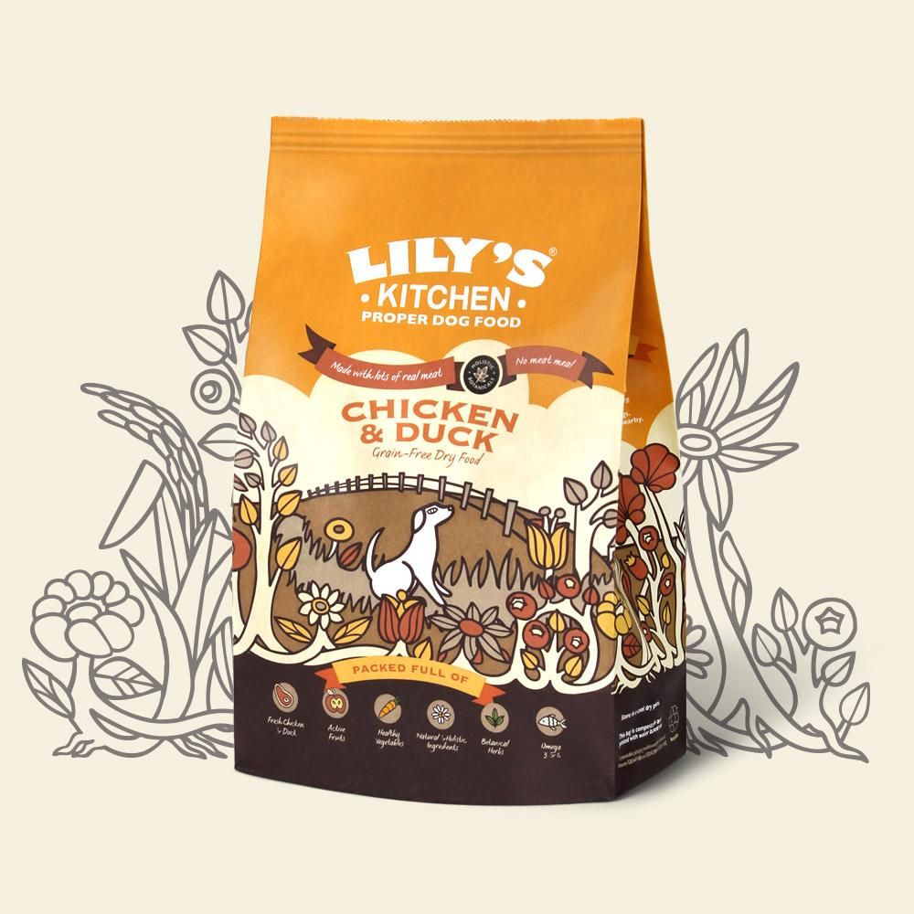 Lilys Kitchen Chicken &amp; Duck dry dog food bag, orange/brown, grain-free.