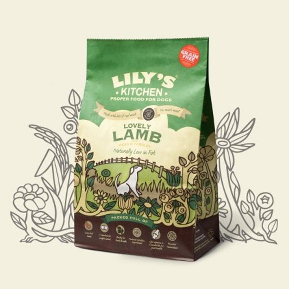 Bag of Lilys Kitchen Lovely Lamb grain free dog food with countryside and flowers.