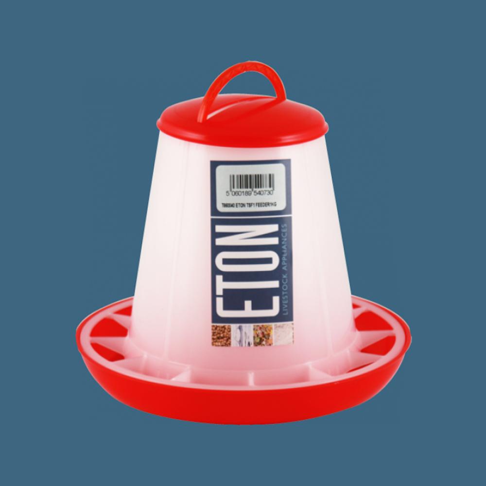Eton Tsf Robust Plastic Feeder: red/white plastic feeder with twistlock base and handle.