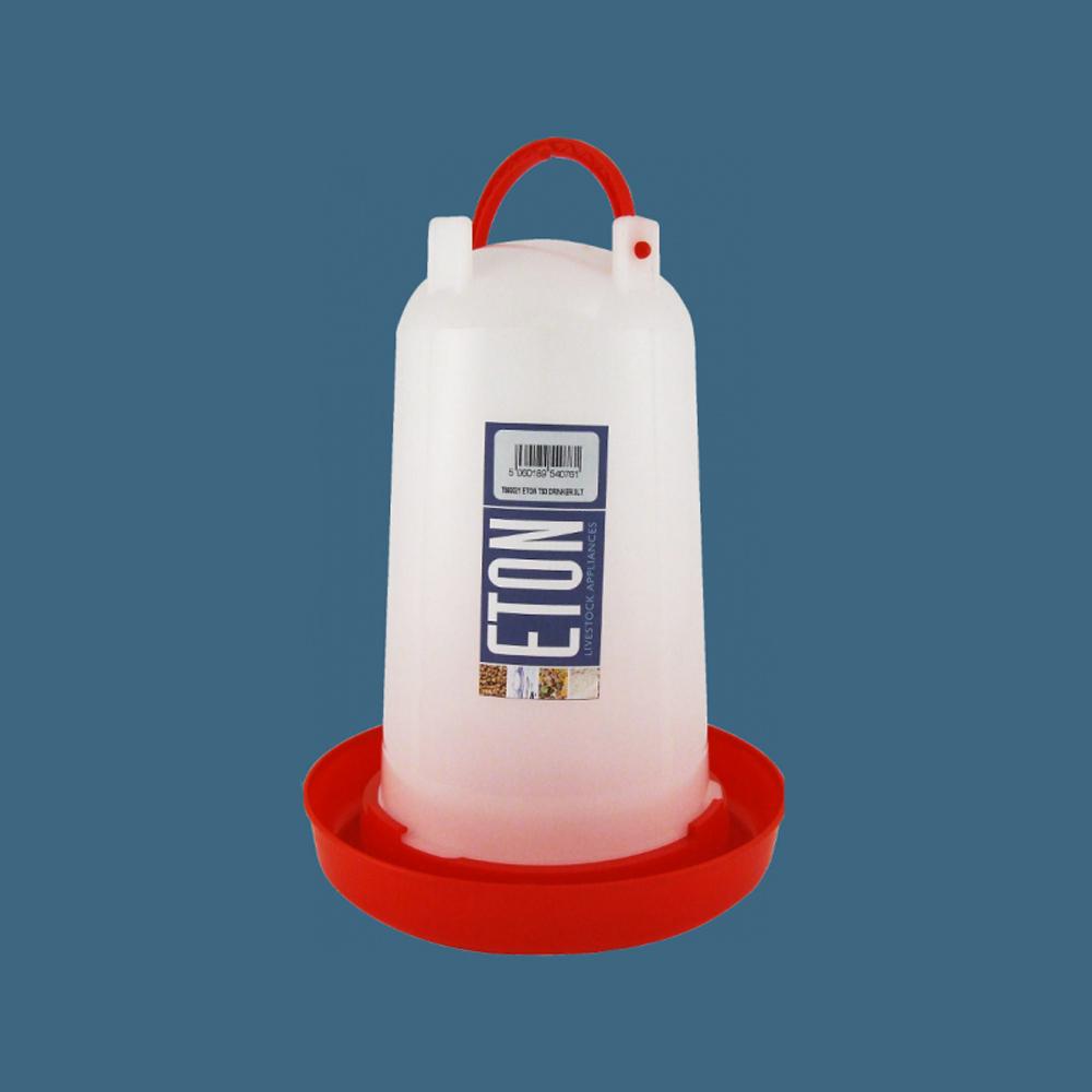 Eton Plastic Locking Poultry Drinker by Eton, white and red, shown on a blue background.