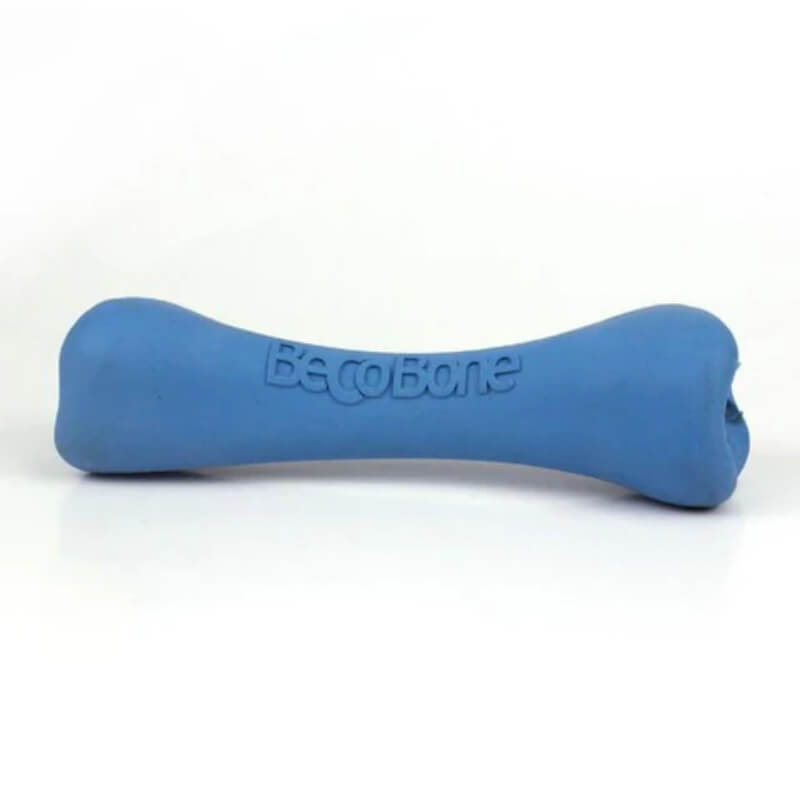 A blue Beco Natural Rubber Treat Bone, medium size.