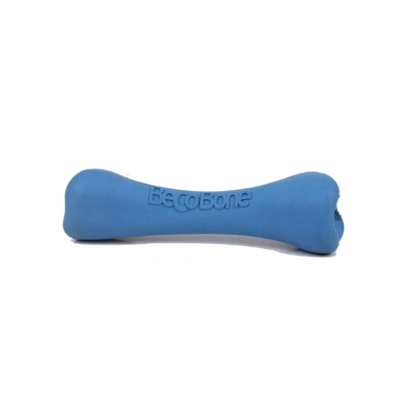 Beco Natural Rubber Treat Bone Blue Small by Beco with logo embossed on the side.