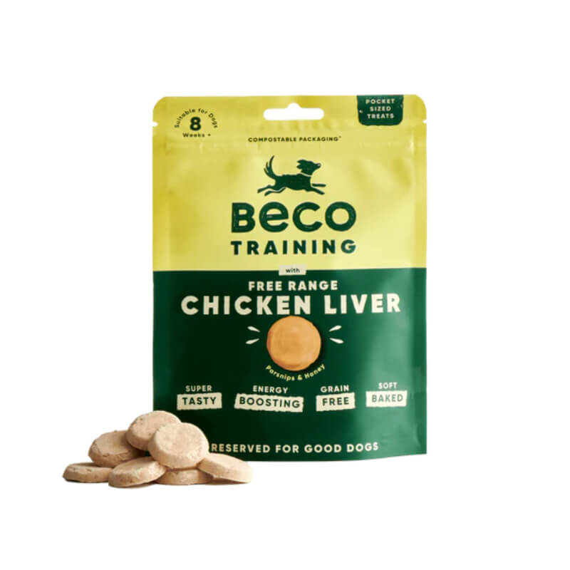 Beco Free Range Chicken Liver with Parsnip &amp; Honey Dog Treats 60g, treats in front.