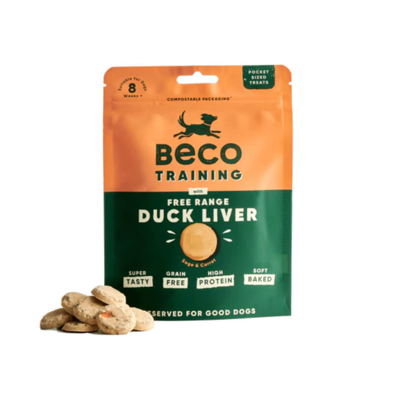 Beco Free Range Duck Liver with Sage &amp; Carrot Dog Treats 60g in orange bag, treats in front.