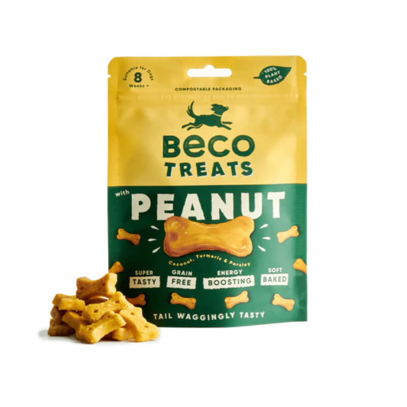 Yellow pouch of Beco Peanut with Coconut &amp; Turmeric Dog Treats 70g, treats scattered in front.