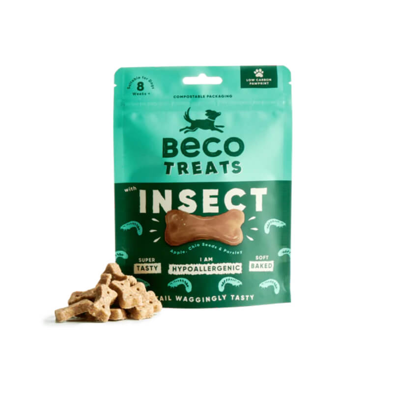 Beco Insect with Apple &amp; Chia Seeds Dog Treats 70g in green pack, biscuits shown in front.