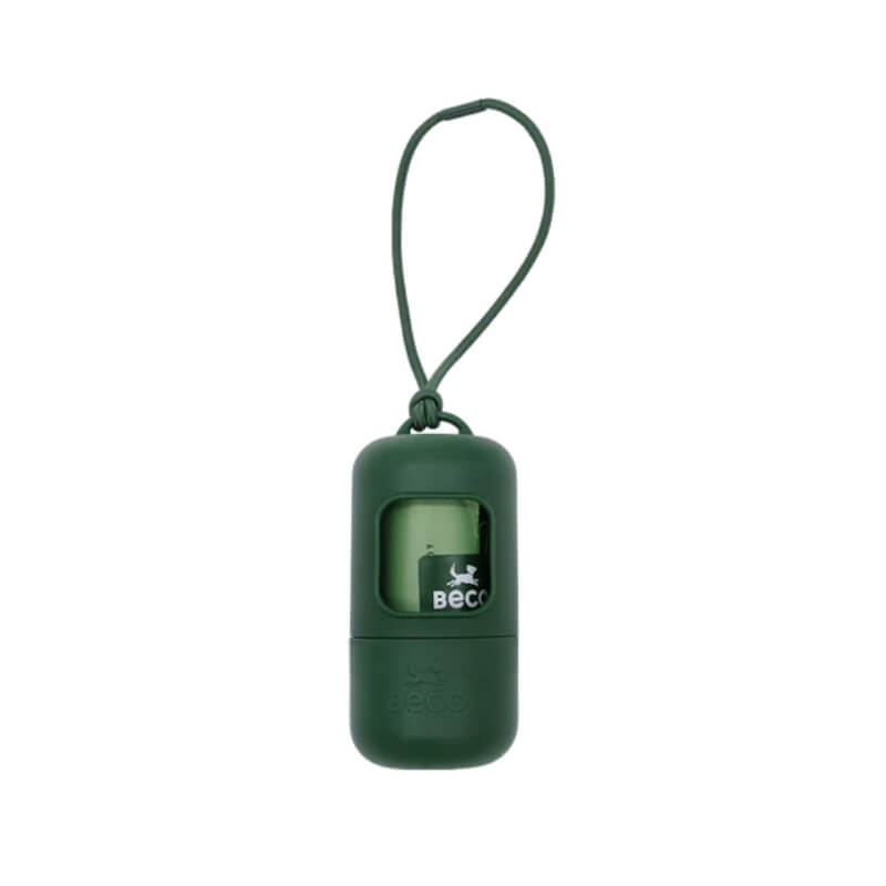 Beco Recycled Poop Bag Dispenser in dark green with loop and visible eco bag roll inside.