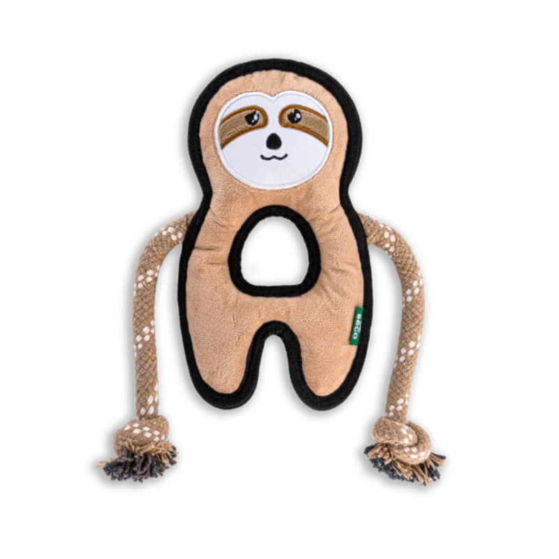 Beco Recycled Rough and Tough Sloth Medium: eco-friendly plush sloth dog toy with rope arms.