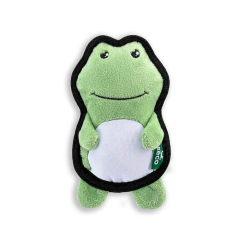 Beco Recycled Rough and Tough Frog Small: eco-friendly green plush dog toy with a smiling face.