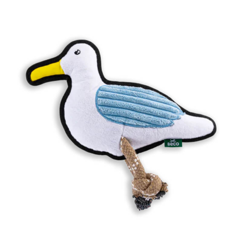 Beco Recycled Rough and Tough Seagull toy: eco-friendly, blue wings, yellow beak, rope legs.