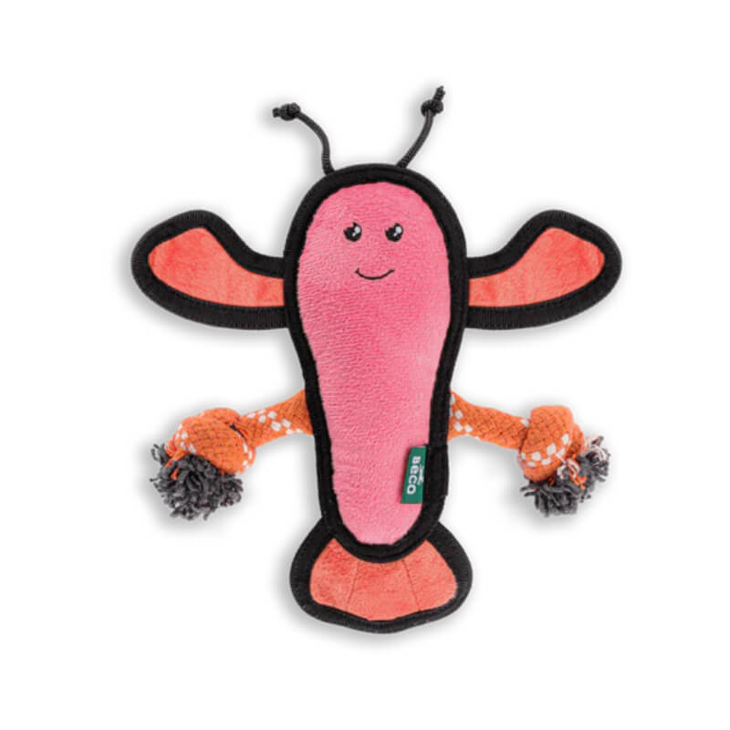 Beco Recycled Rough and Tough Lobster Medium: a pink-orange eco dog toy with rope limbs.
