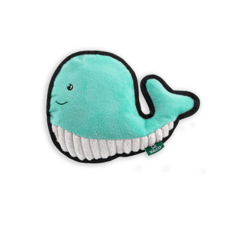 Beco Recycled Rough and Tough Whale Medium: a plush blue dog toy with a smiling face.