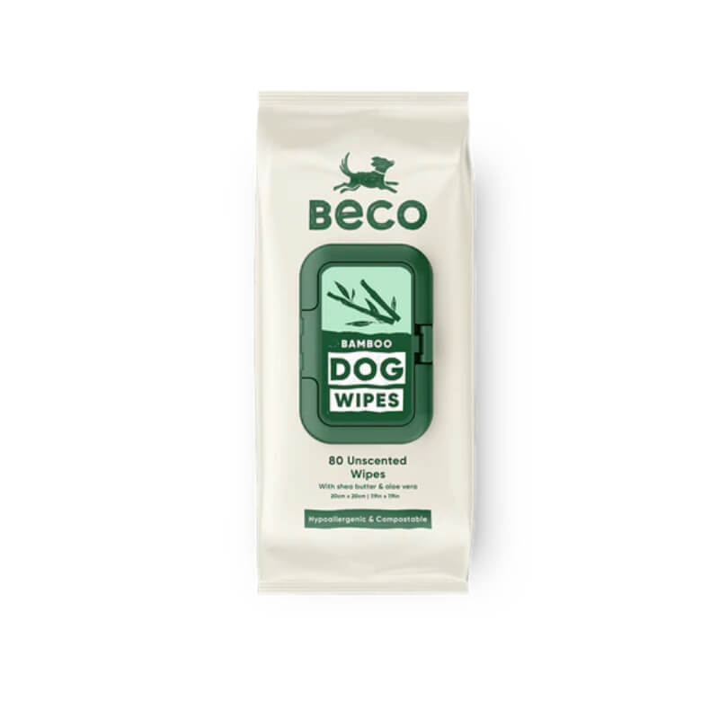 Beco Bamboo Dog Grooming Wipes Unscented 80pk in green and white packaging.