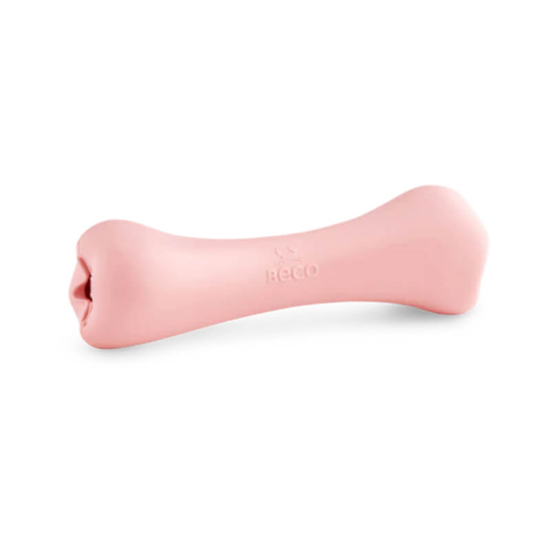 The Beco Treat Bone Pink is a natural rubber, bone-shaped chew toy from Beco.