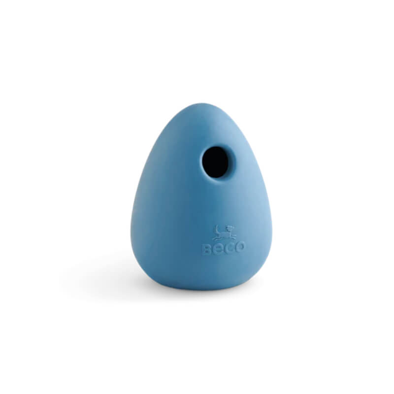 Beco Boredom Buster Blue: Egg-shaped rubber dog toy with small hole and Beco logo on front.