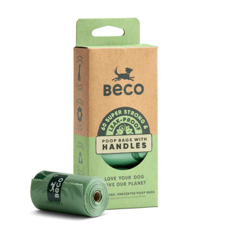 Beco Large Poop Bags with Handles, Unscented, 60pk—Dispenser Compatible and eco-friendly.