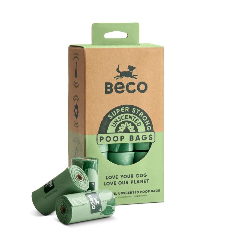 Beco Large Unscented Poop Bags 315pk with three green rolls made from recycled plastic shown.